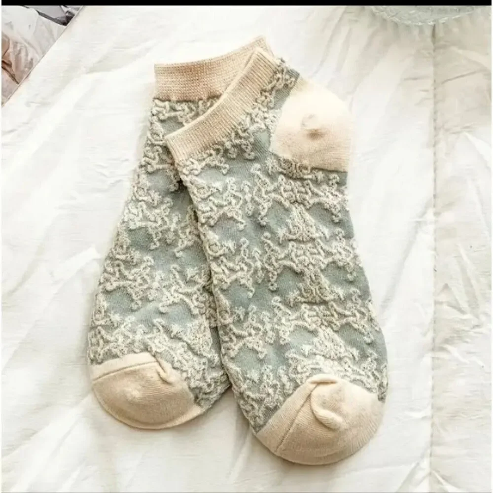 4 Pairs cottagecore Embroidered Floral Print Short ankle Socks